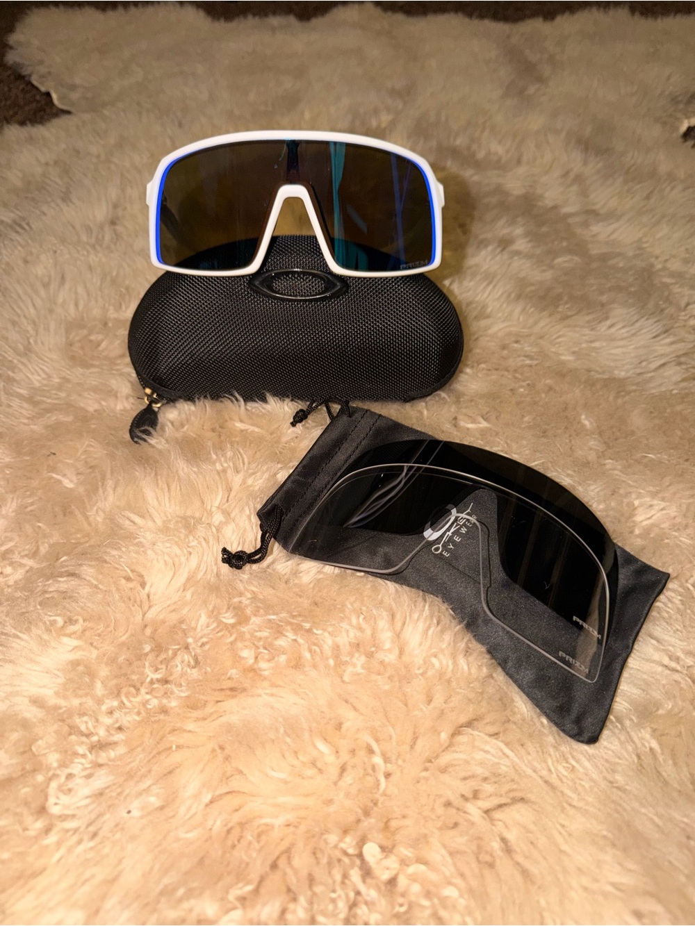 Oakley White Frame Blue Lens Shield Sunglasses